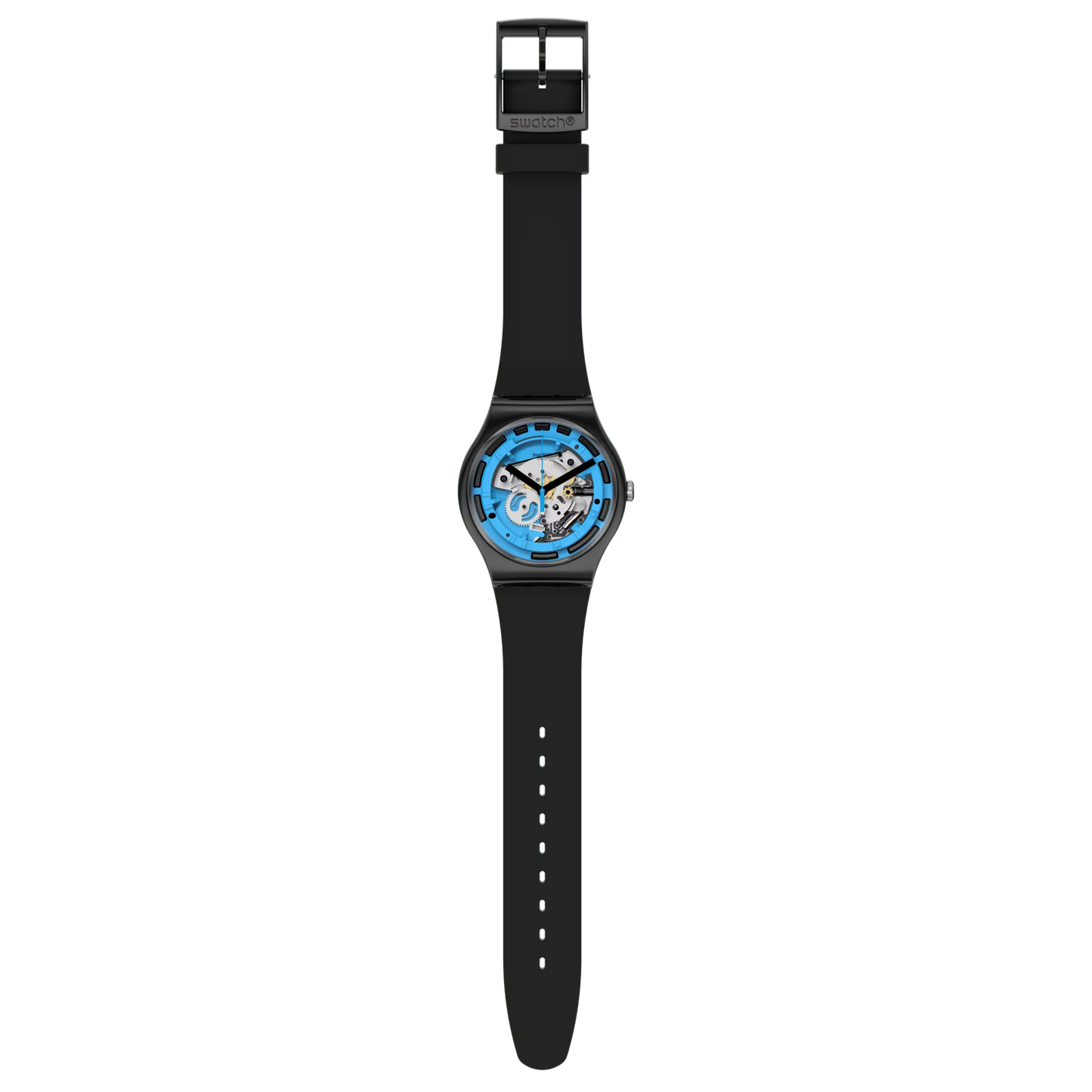 BLUE ANATOMY Le cadran révèle un décor imprimé bleu survolant un mécanisme apparent argenté qui contraste avec subtilité avec le boitier et le bracelet noirs. SUOB187