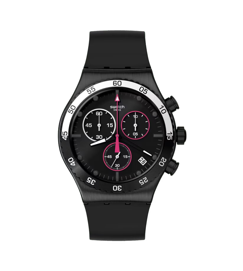 Montre 'Magenta at Night' Chronographe élégant Montre YVB413 Montre Quartz Montre avec boîtier en acier inoxydable Montre avec bracelet en caoutchouc Montre noire Montre résistante à l'eau Collection Le Comptoir des Montres Montre avec aiguilles roses Montre avec éléments lumineux Montre avec fermoir demi-boucle Montre classique Cadeau parfait pour les amateurs de montres Montre de luxe Montre unique Montre intemporelle.""""