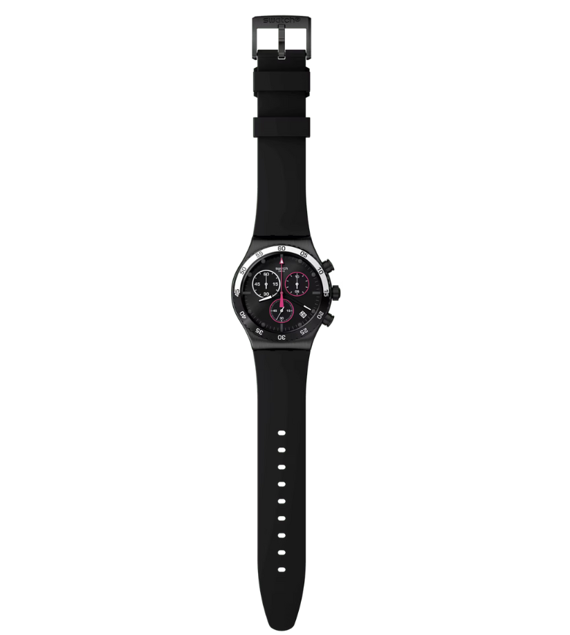 Montre 'Magenta at Night' Chronographe élégant Montre YVB413 Montre Quartz Montre avec boîtier en acier inoxydable Montre avec bracelet en caoutchouc Montre noire Montre résistante à l'eau Collection Le Comptoir des Montres Montre avec aiguilles roses Montre avec éléments lumineux Montre avec fermoir demi-boucle Montre classique Cadeau parfait pour les amateurs de montres Montre de luxe Montre unique Montre intemporelle.""""