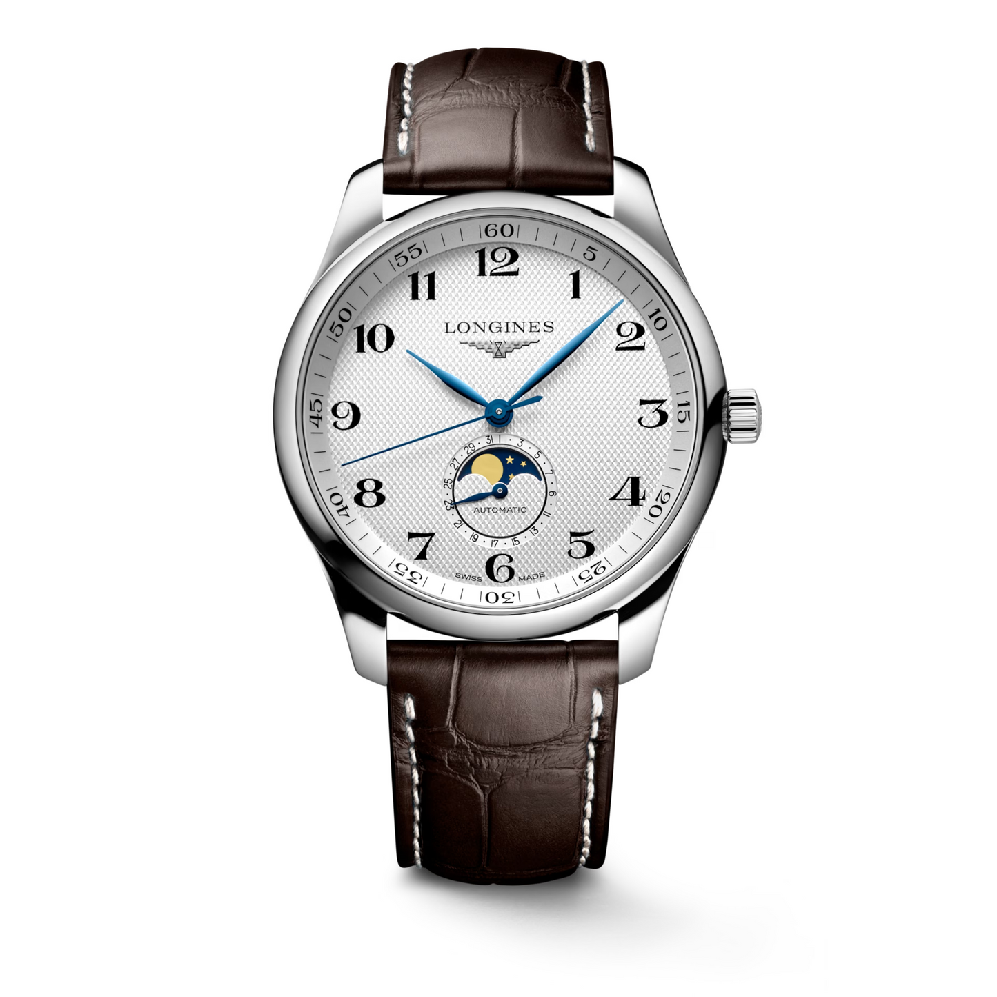 Montre Longines Master Collection Maroc Montre Automatique de Luxe Maroc Montre Ronde avec Phase de Lune Maroc Montre Cadran Argent """"Côtes d'Orge"""" Maroc Montre Acier Inoxydable Maroc Boutique de Montres au Maroc Le Comptoir des Montres Maroc Montre avec Phases de la Lune Maroc Montre Suisse de Prestige Maroc