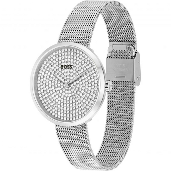 La montre pour dames BOSS Praise est un véritable bijou de la famille Praise. Dotée d'un boîtier en acier inoxydable de 36 mm, d'un cadran argenté blanc orné de cristaux et d'un bracelet en maille en acier inoxydable, cette montre est résistante à l'eau jusqu'à 3ATM.