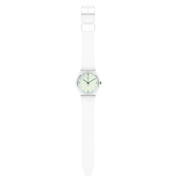 Cette montre masculine possède un verre Swatch Solar Spectrum à effet miroir qui attire tous les regards. Le cadran blanc, avec ses index verts, se démarque du boîtier en plastique transparent brillant et du bracelet en silicone semi-transparent mat.