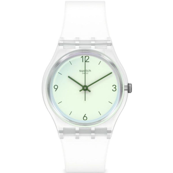Cette montre masculine possède un verre Swatch Solar Spectrum à effet miroir qui attire tous les regards. Le cadran blanc, avec ses index verts, se démarque du boîtier en plastique transparent brillant et du bracelet en silicone semi-transparent mat.