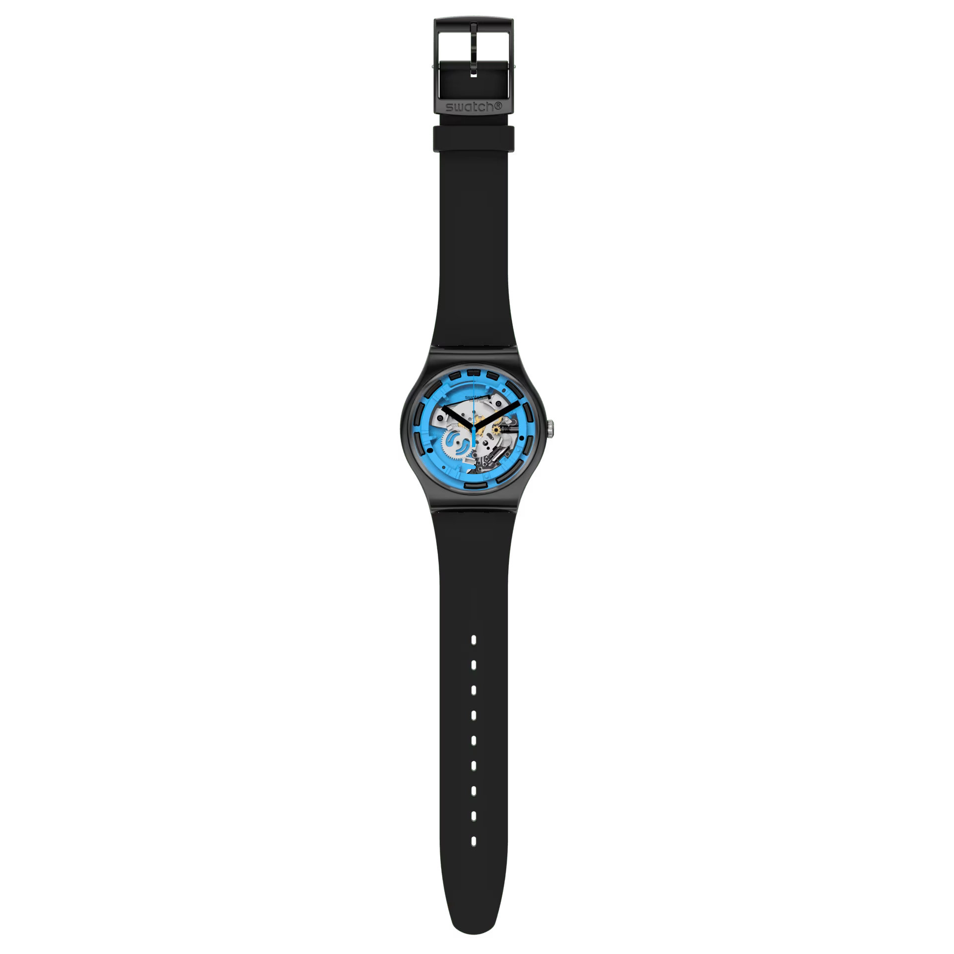 BLUE ANATOMY Le cadran révèle un décor imprimé bleu survolant un mécanisme apparent argenté qui contraste avec subtilité avec le boitier et le bracelet noirs.   SUOB187