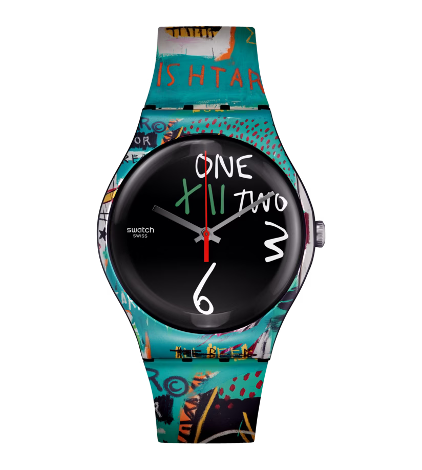 Ishtar Montre  Montre d'artiste  Montre SUOZ356  Montre Quartz  Montre étanche  Montre avec bracelet en silicone  Montre avec boîtier en plastique  Collection Le Comptoir des Montres  Montre noire  Montre avec cadran noir  Cadeau parfait pour les amateurs de montres  Montre avec œuvre d'art imprimée  Montre de luxe  Montre unique  Montre Basquiat authentique