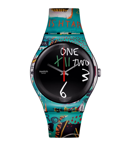 Ishtar Montre  Montre d'artiste  Montre SUOZ356  Montre Quartz  Montre étanche  Montre avec bracelet en silicone  Montre avec boîtier en plastique  Collection Le Comptoir des Montres  Montre noire  Montre avec cadran noir  Cadeau parfait pour les amateurs de montres  Montre avec œuvre d'art imprimée  Montre de luxe  Montre unique  Montre Basquiat authentique