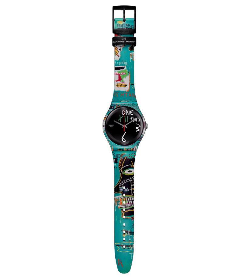 Ishtar Montre  Montre d'artiste  Montre SUOZ356  Montre Quartz  Montre étanche  Montre avec bracelet en silicone  Montre avec boîtier en plastique  Collection Le Comptoir des Montres  Montre noire  Montre avec cadran noir  Cadeau parfait pour les amateurs de montres  Montre avec œuvre d'art imprimée  Montre de luxe  Montre unique  Montre Basquiat authentique
