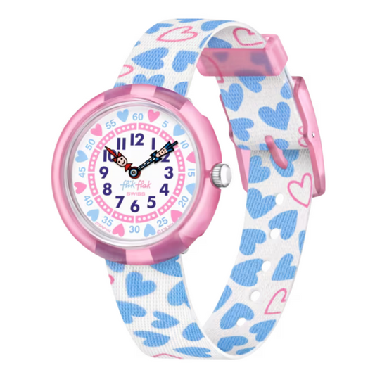 Montre Maroc, Flik Flak, Le Comptoir des Montres, Color Crush, montre pour enfants, cœurs sur le cadran, apprentissage de l'heure, design élégant, boîtier en plastique bio-sourcé, bracelet en PET recyclé, mouvement à quartz, étanche 3 Bar, cadeau enfant.
