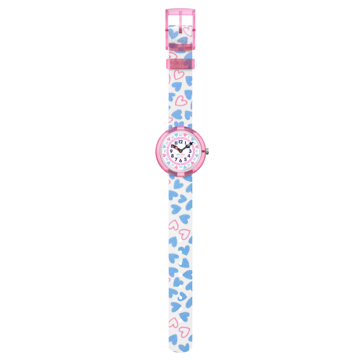 Montre Maroc, Flik Flak, Le Comptoir des Montres, Color Crush, montre pour enfants, cœurs sur le cadran, apprentissage de l'heure, design élégant, boîtier en plastique bio-sourcé, bracelet en PET recyclé, mouvement à quartz, étanche 3 Bar, cadeau enfant.