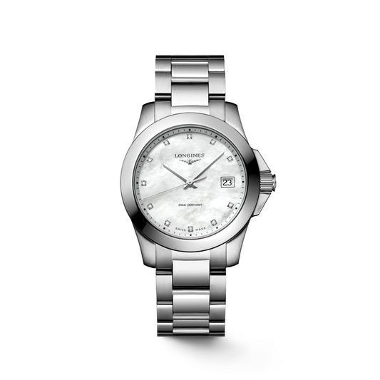 Montre Conquest Longines Maroc Montre Élégante et Performante Maroc Montre Ronde en Acier Inoxydable Maroc Montre Cadran Nacre Blanche avec Diamants Maroc Montre de Luxe Résistante à l'Eau Maroc Boutique de Montres au Maroc Le Comptoir des Montres Maroc Montre Quartz avec Diamants Maroc Montre Suisse de Prestige Maroc