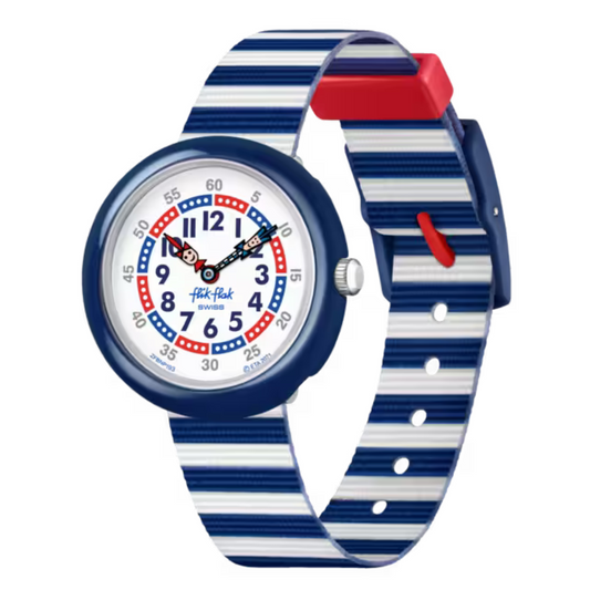 : Montre Maroc, Flik Flak, Le Comptoir des Montres, Little Boat, montre pour enfants, design ludique, couleurs vives, apprentissage de l'heure, cadran blanc, boîtier en plastique bio-sourcé bleu, bracelet en PET recyclé bleu, mouvement à quartz, étanche 3 Bar, cadeau enfant.