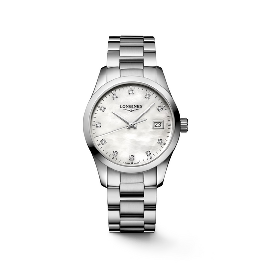 Montre Conquest Classic Maroc Montre de Luxe en Acier Inoxydable Maroc Montre Ronde Élégante avec Diamants Maroc Montre Quartz Nacre Blanche Maroc Montre Acier Inoxydable Maroc Boutique de Montres au Maroc Le Comptoir des Montres Maroc Montre avec Date et Fonction E.O.L. Maroc Montre Suisse de Prestige Maroc