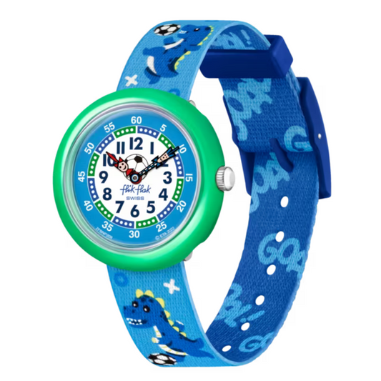 Montre Maroc, Flik Flak, Le Comptoir des Montres, SOCCEROZAURUS, montre pour enfants, dinosaures, passion pour le football, cadran bleu vif, chiffres clairs, boîtier en plastique bio-sourcé vert, bracelet en PET recyclé bleu, mouvement à quartz, étanche 3 Bar, cadeau enfant, sport, amusement, lecture de l'heure.