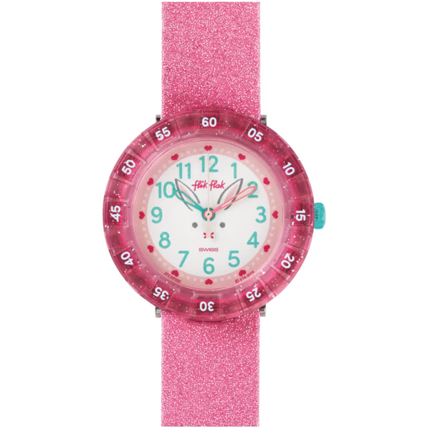  Montre Maroc, Flik Flak, Le Comptoir des Montres, BUNNYAXUS, montre pour enfants, boîtier rose étincelant, lunette rotative, chiffres clairs, cadran blanc, boîtier étanche, résistant aux chocs, bracelet en silicone rose, mouvement à quartz, étanche 3 Bar, design enchanteur, apprentissage de l'heure, style éblouissant, fabrication suisse.