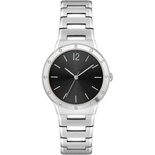 Montre BOSS Breath 1502647 pour femmes. Cette montre BOSS pour femmes fait partie de la collection Breath. Elle présente un boîtier en acier inoxydable de 34 mm, un cadran noir et un bracelet en acier inoxydable. Résistante à l'eau jusqu'