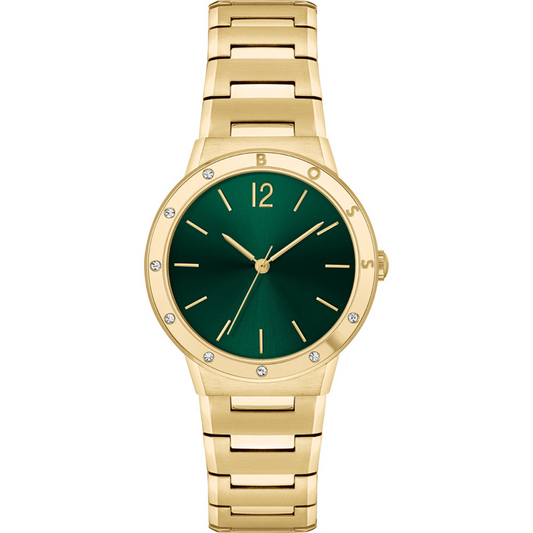 montre Hugo Boss 1502649 Breath est un véritable bijou de qualité. Son boîtier en acier inoxydable de couleur or abrite un cadran vert élégant, mettant en valeur les aiguilles dorées. Le mouvement quartz précis de Seiko Instruments Inc. assure une excellente précision.