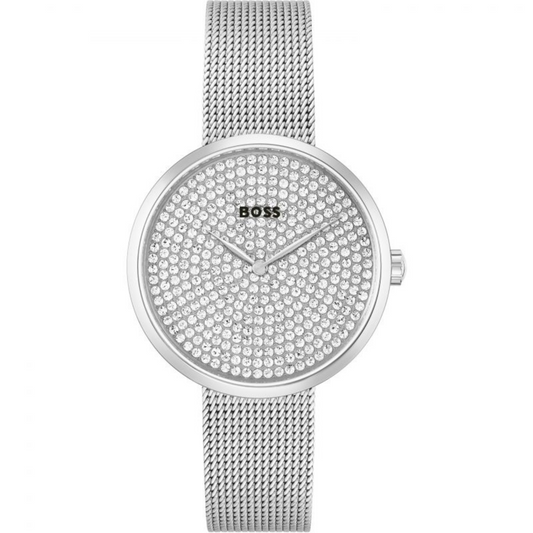 La montre pour dames BOSS Praise est un véritable bijou de la famille Praise. Dotée d'un boîtier en acier inoxydable de 36 mm, d'un cadran argenté blanc orné de cristaux et d'un bracelet en maille en acier inoxydable, cette montre est résistante à l'eau jusqu'à 3ATM.