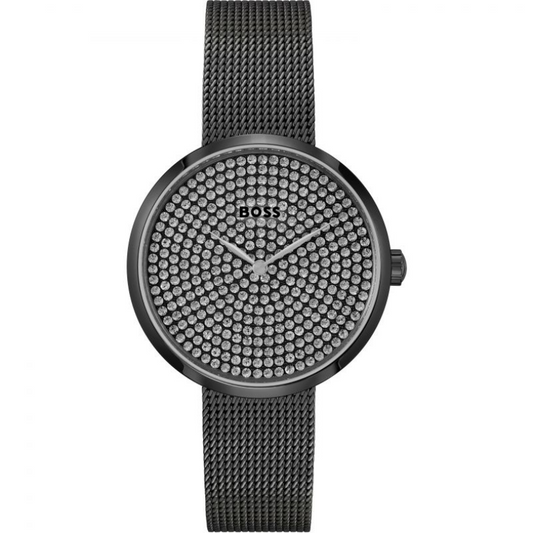  Découvrez la montre BOSS Praise pour femmes, un bijou élégant de la collection Praise. Dotée d'un boîtier noir en acier inoxydable de 36 mm, d'un cadran noir orné de cristaux et d'un bracelet en maille noir assorti, cette montre offre un look raffiné et sophistiqué.