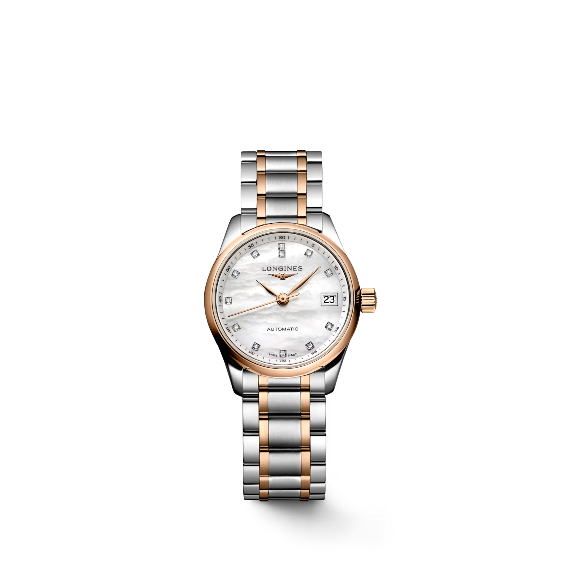 Longines, Master Collection, L2.128.5.89.7, tradition horlogère, savoir-faire, élégance, diamants, automatique, acier, or rose, nacre blanche, mouvement mécanique, étanche, bracelet en acier, fermoir déployant triple sécurité, montre Maroc, Le comptoir des montres.