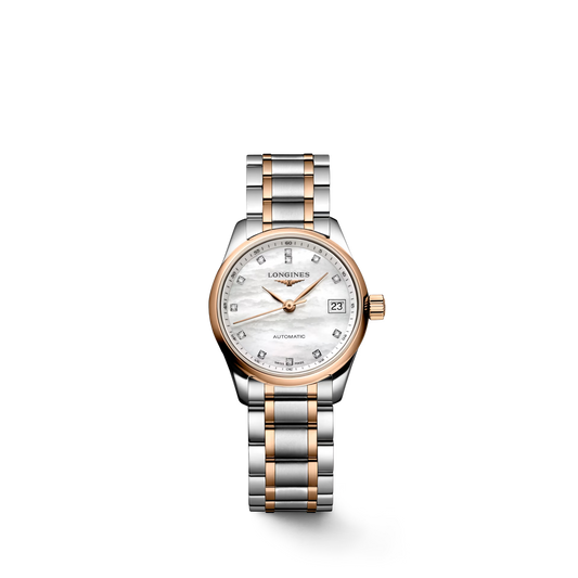 Longines, Master Collection, L2.128.5.89.7, tradition horlogère, savoir-faire, élégance, diamants, automatique, acier, or rose, nacre blanche, mouvement mécanique, étanche, bracelet en acier, fermoir déployant triple sécurité, montre Maroc, Le comptoir des montres.