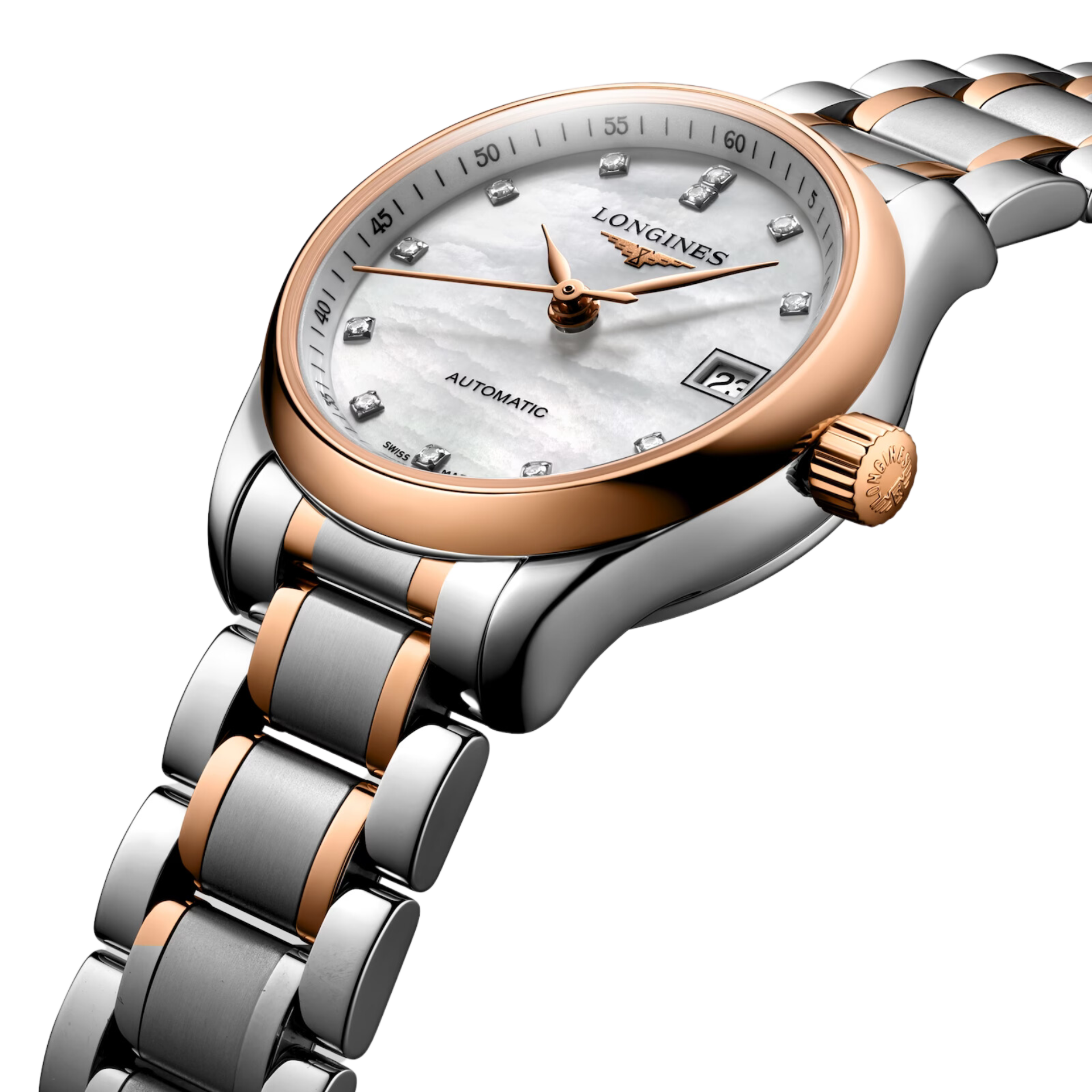 Longines, Master Collection, L2.128.5.89.7, tradition horlogère, savoir-faire, élégance, diamants, automatique, acier, or rose, nacre blanche, mouvement mécanique, étanche, bracelet en acier, fermoir déployant triple sécurité, montre Maroc, Le comptoir des montres.