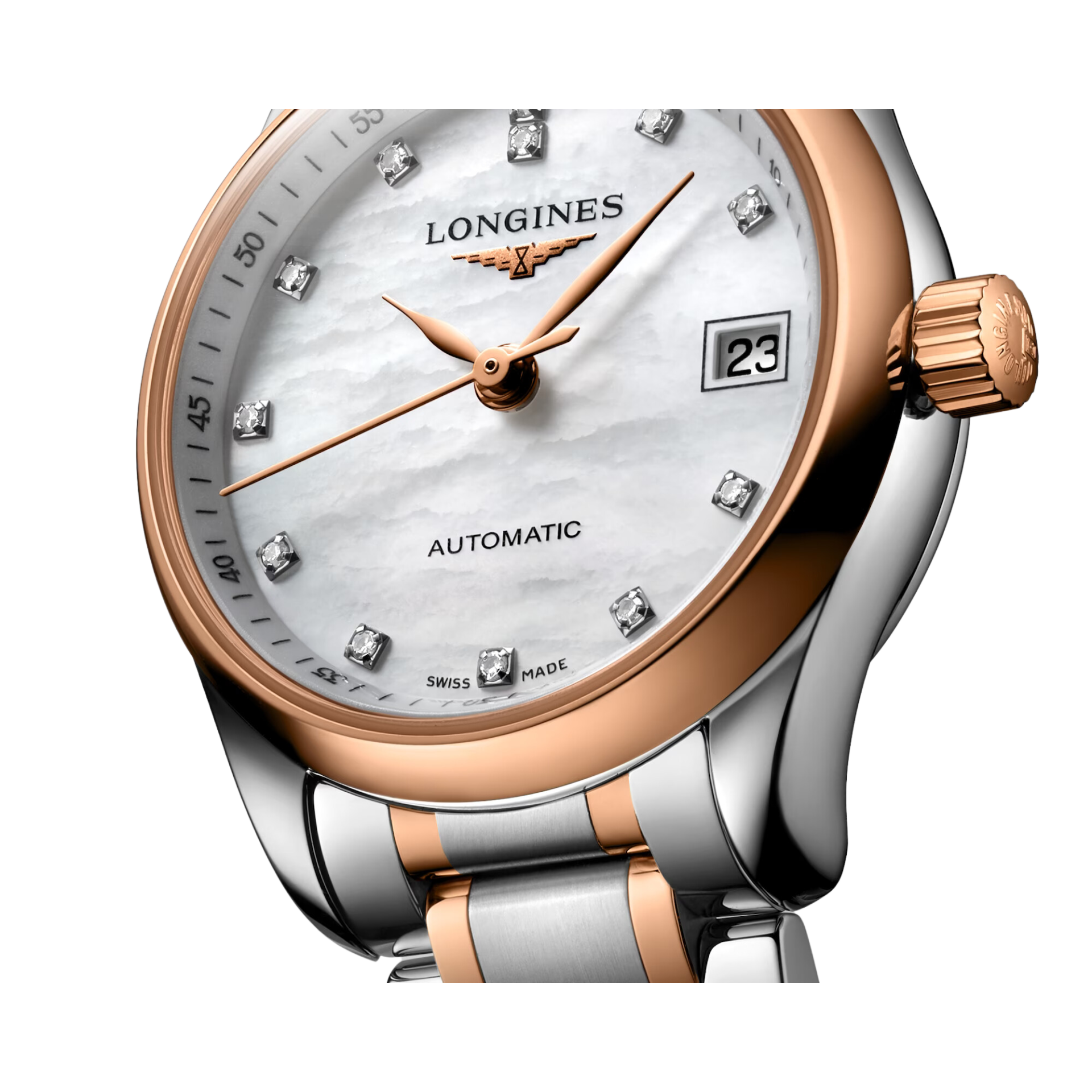 Longines, Master Collection, L2.128.5.89.7, tradition horlogère, savoir-faire, élégance, diamants, automatique, acier, or rose, nacre blanche, mouvement mécanique, étanche, bracelet en acier, fermoir déployant triple sécurité, montre Maroc, Le comptoir des montres.