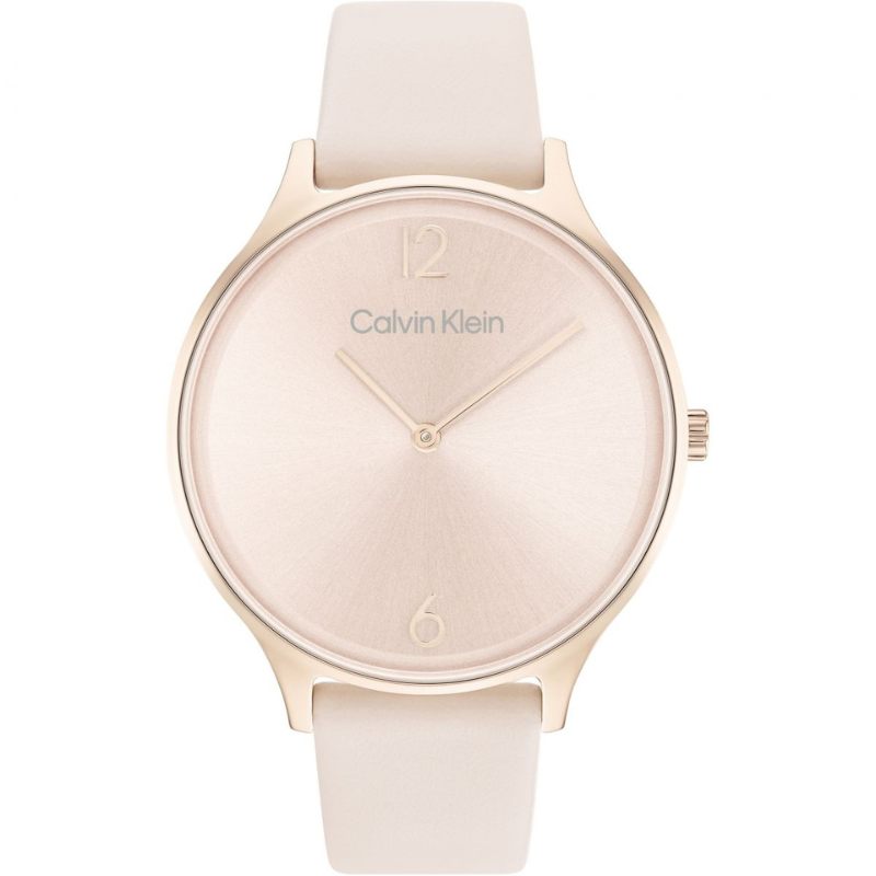  Montre femme, CALVIN KLEIN, Timeless Mesh, 38mm, 25200009, boîtier en acier inoxydable, cadran rose, bracelet en cuir rose, mouvement à quartz, étanchéité 30 mètres, élégance et précision.